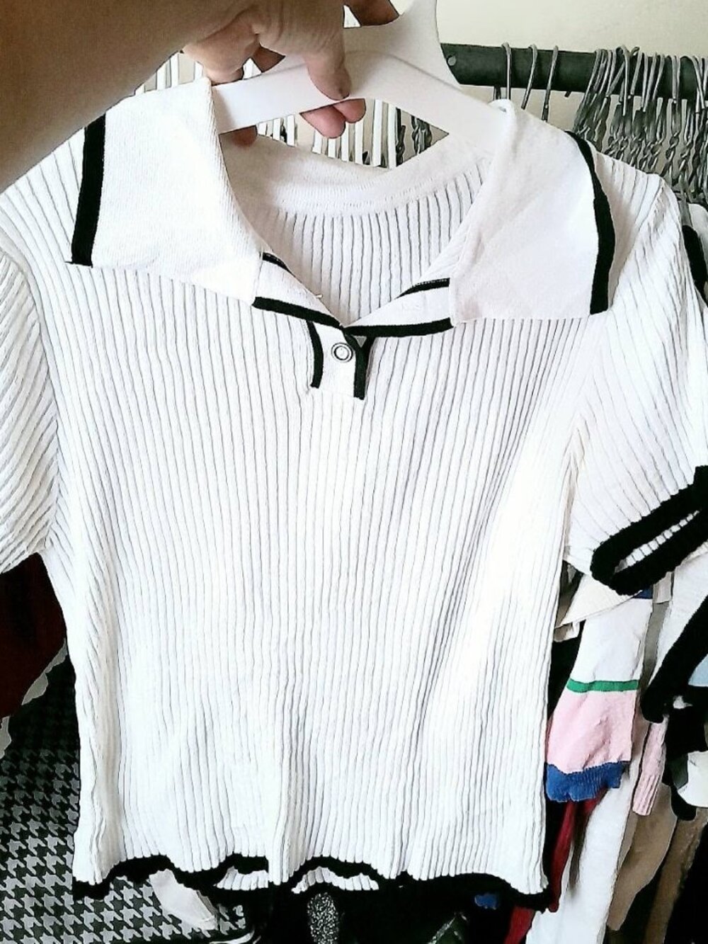 White Ribbed Knit Polo Top with Black Contrast Trim
